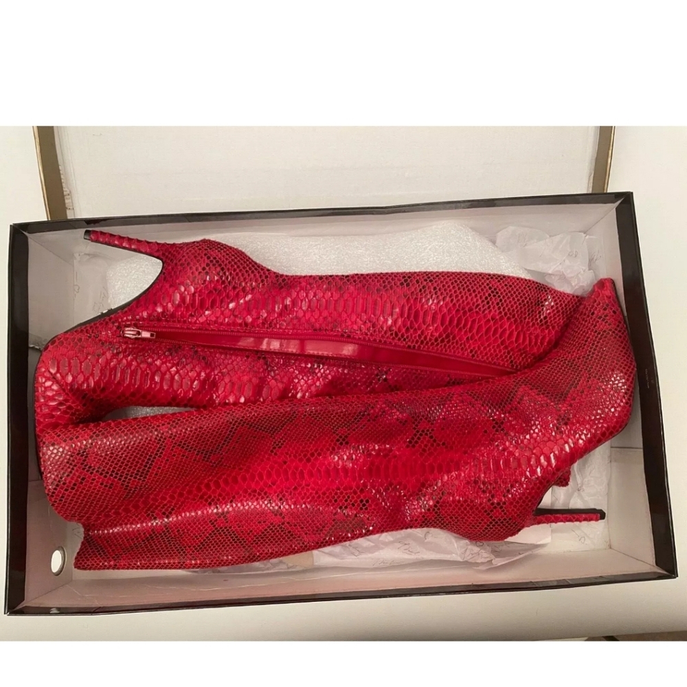 Red snake print knee high boot